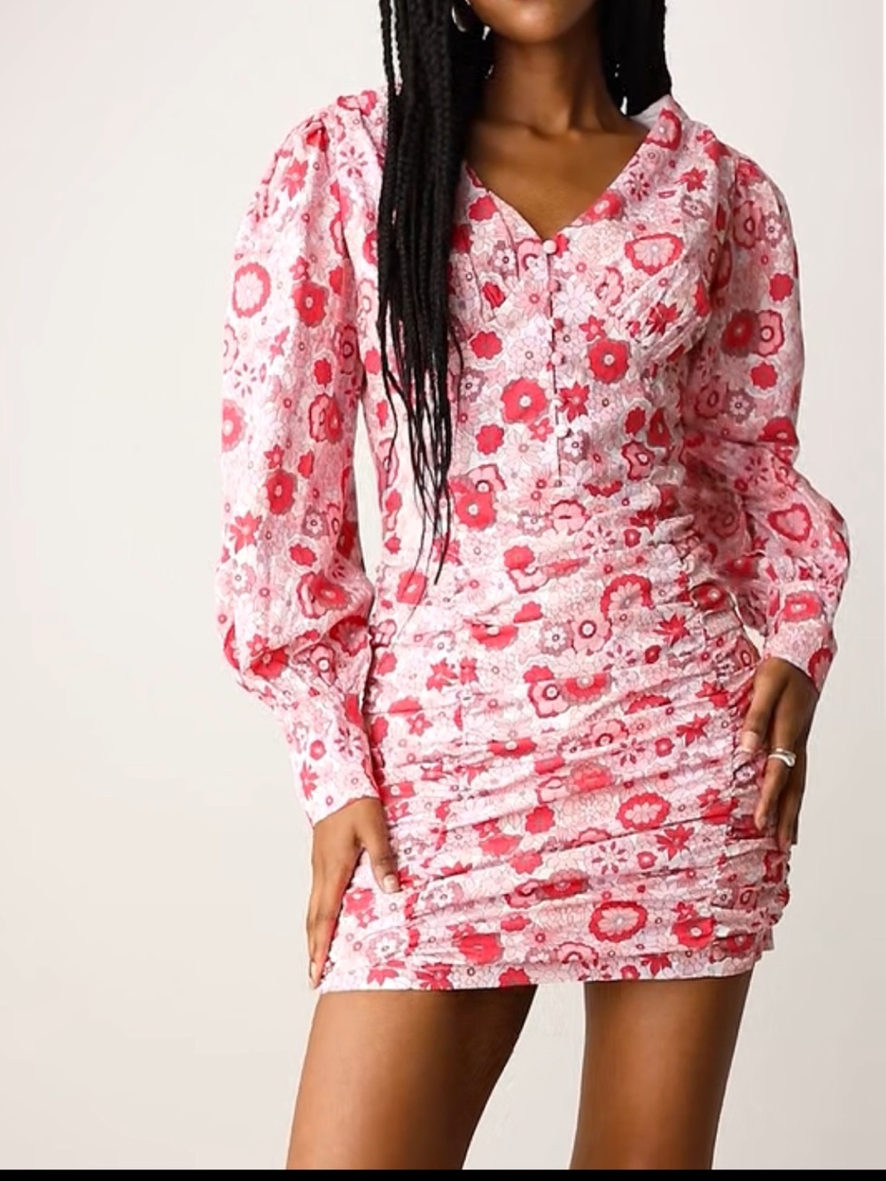 NWT Glamorous MINI dress Pink Red blush Floral print Cotton ruched *fits XS S M